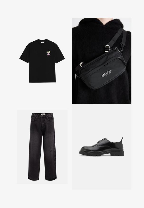 Tricou din bumbac negru, cu un grafic colorat pe pieptul stâng, reprezentând un ursuleț de pluş și un text stilizat, cu mâneci scurte și gât rotund.; Blugi din denim negru cu o croială largă, având cinci buzunare, un tiv cusut și un detaliu logo subtil aproape de genunchi.; Pantofi din piele neagră, cu șireturi, având vârful rotund, textură netedă și talpă din cauciuc cu nervuri. Dispune de un toc mic și o bucată de prindere în partea din spate.; Geantă de umăr din nailon negru, cu curea ajustabilă, având o textură netedă, un buzunar frontal cu fermoar și un accent cu logo.