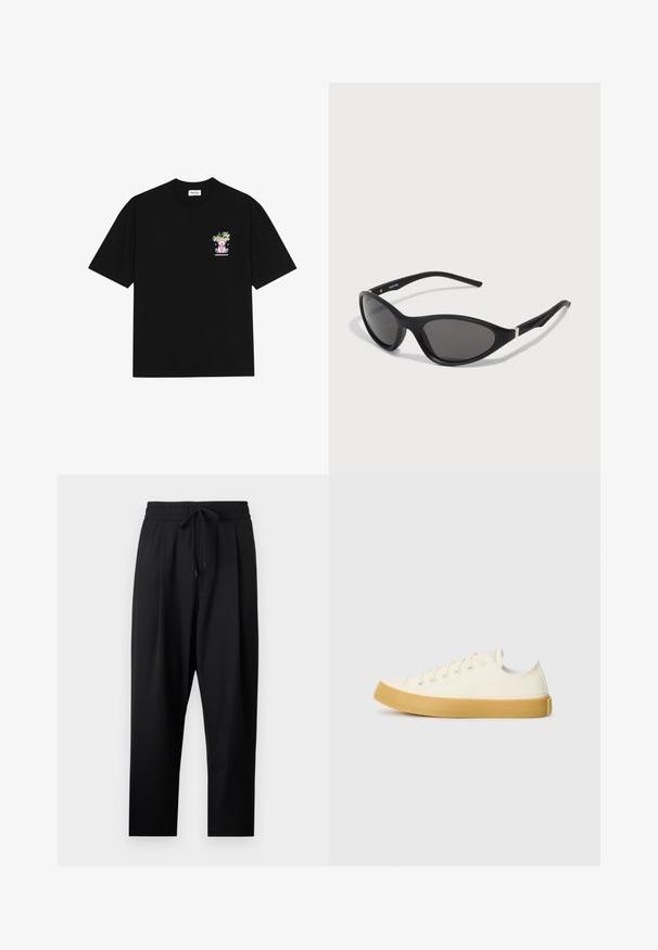 Crna pamučna majica s kratkim rukavima i okruglim izrezom, s šarenim grafičkim prikazom na lijevoj strani prsnog dijela, koji prikazuje teddy medvjedića i stilizirani tekst.; Crne, lagane hlače s opuštenim krojem. Sadrže elastičnu traku s podesivom vezicom i bočne džepove. Glatka tekstura.; Platnene tenisice u boji slonovače s okruglim vrhom, s bež gumenim potplatima i pet rupa za vezivanje, teksturalna površina na gornjem dijelu.; Crne mačke naočale s elegantnim, mat okvirima, tamnim lećama i srebrnim detaljima na sljepoočnicama. Moderni dizajn s oštrim oblikom.