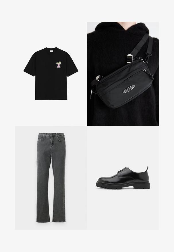 T-shirt preta de algodão com um gráfico colorido no lado esquerdo do peito, retratando um urso de peluche e texto estilizado, com mangas curtas e gola redonda.; Jeans em denim cinza com um design de perna reta, apresentando cinco bolsos, um fecho com botão e zíper, e detalhes de costura visíveis.; Sapatos de pele preta com atacadores, bico arredondado, textura suave e sola de borracha estriada. Apresentam um pequeno salto e uma alça na parte de tras.; Bolsa crossbody preta em nylon com alça ajustável, apresentando uma textura suave, um bolso frontal com fecho e um detalhe de logotipo.