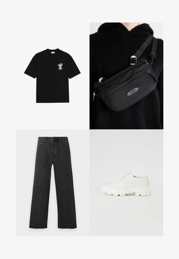 Černé bavlněné tričko s barevným potiskem na levém prsu, zobrazující medvídka a stylizovaný text, s krátkými rukávy a kulatým výstřihem.; Černé džíny s vysokým pasem a rovnými nohavicemi, se zapínáním na přední knoflík a zip, a pěti kapsami na bílém pozadí.; Bílé šněrovací boty s hladkým povrchem, vybavené robustní, vroubkovanou podrážkou a minimalistickým designem. Jemné švy na svršku.; Černá nylonová krosbody taška s nastavitelným popruhem, s hladkou texturou, přední kapsou na zip a akcentem loga.
