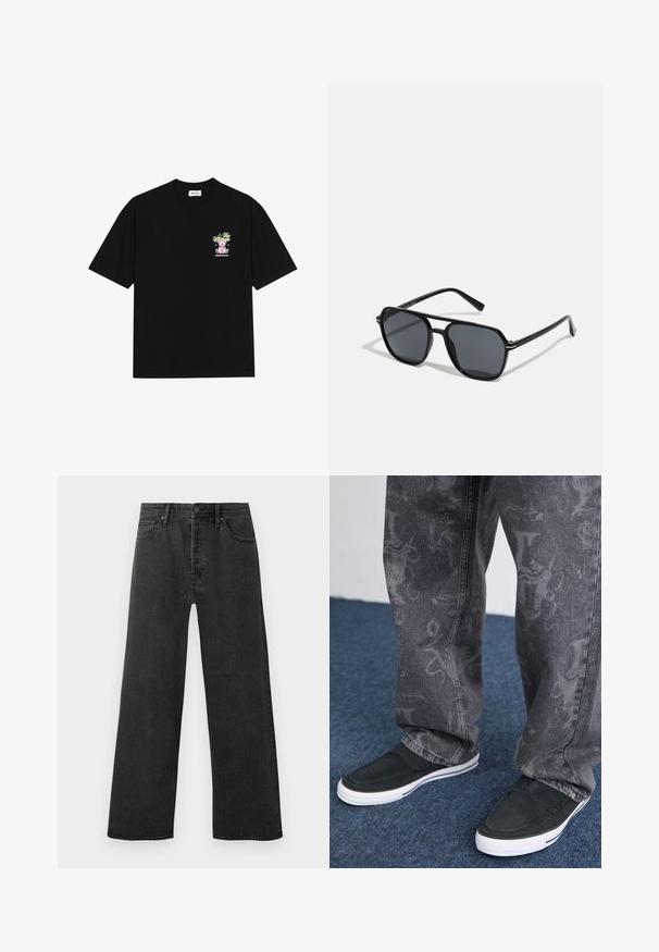 Crna pamučna majica s kratkim rukavima i okruglim izrezom, s šarenim grafičkim prikazom na lijevoj strani prsnog dijela, koji prikazuje teddy medvjedića i stilizirani tekst.; Crne traperice s visokim strukom, ravnim nogavicama, prednjim gumbom, zatvaranjem na patentni zatvarač i dizajnom s pet džepova na bijeloj pozadini.; Crne klizne cipele s bijelim potplatom, teksturirane, uparene s sivoj trapericama s suptilnim uzorkom, postavljene na plavi tepih.; Crne sunčane naočale s osmerokutnim okvirom, tamnim lećama, sjajnom završnom obradom, tankim plaštem i zlatnim detaljima na prednjem dijelu.