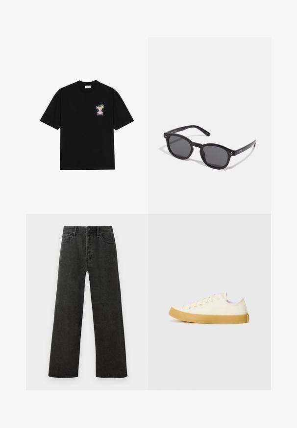 Crna pamučna majica s kratkim rukavima i okruglim izrezom, s šarenim grafičkim prikazom na lijevoj strani prsnog dijela, koji prikazuje teddy medvjedića i stilizirani tekst.; Crne traperice s visokim strukom, ravnim nogavicama, prednjim gumbom, zatvaranjem na patentni zatvarač i dizajnom s pet džepova na bijeloj pozadini.; Platnene tenisice u boji slonovače s okruglim vrhom, s bež gumenim potplatima i pet rupa za vezivanje, teksturalna površina na gornjem dijelu.; Crne ovalne sunčane naočale s tamnim staklima, debelim okvirima i srebrnim točkicama s bočnih strana. Glatki plastični materijal, suvremeni dizajn.