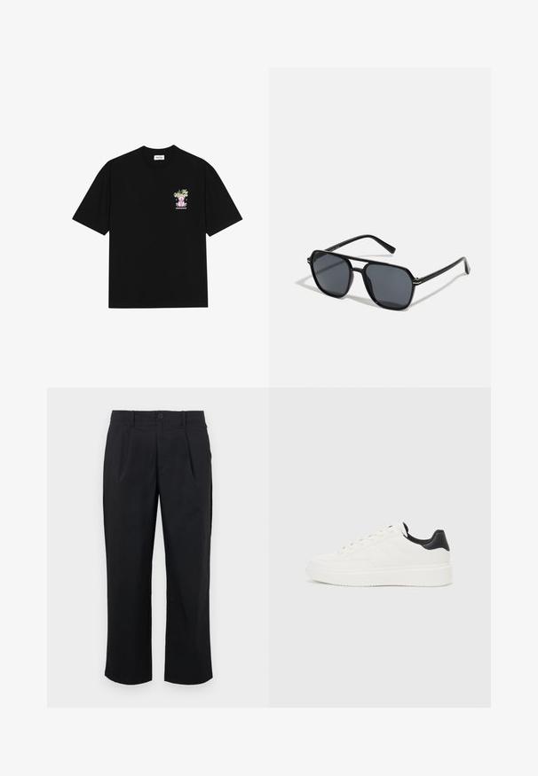 Must t-särk mustast puuvillast, millel on värviline graafika vasakul rinnal, kujutades karu ja stiliseeritud teksti, lühikeste varrukatega ja ümmarguse kaelusega.; Mustad sirgedega mustad püksid, millel on sirge lõige, ees pleatid, nupuga kinnitamine ja sile kangatekstuur.; Valge nahast sneaker, millel on reljeefne muster, tekstureeritud valge vaheline tall ja must kannaaktsent. Omab ümarat nina ja lamedat paelavarrast.; Mustad mustad prillid oktaalpäistega, tumedad läätsed, läikiv viimistlus, õhukesed templid ja kuldsed aktsendid ees.