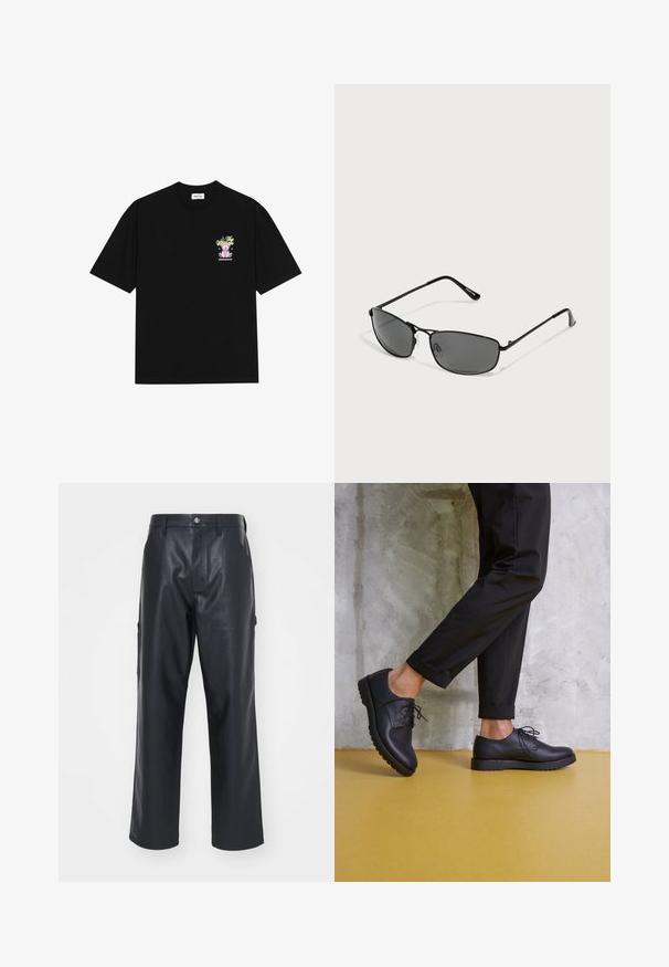 Czarna bawełniana koszulka z krótkim rękawem, z okrągłym dekoltem, z kolorową grafiką na lewym piersi, przedstawiającą pluszowego misia oraz stylizowany tekst.; Czarne skórzane spodnie o gładkiej fakturze, w szerokim kroju, z bocznymi kieszeniami. Posiadają zapięcie na guzik i szlufki na pasek.; Czarne skórzane buty sznurowane z okrągłym noskiem, teksturowaną powierzchnią i grubą gumową podeszwą. Noszone z podwiniętymi czarnymi spodniami na tle betonowym.; Czarne okulary przeciwsłoneczne z metalową ramą, prostokątnymi soczewkami i smukłym designem. Posiadają szare soczewki w odcieniu i subtelne logo na ramieniu.