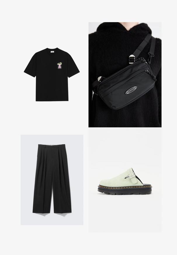 Mustat puuvillapaidat, joissa on värikäs graafinen kuva vasemmalla rinnalla, esittäen teddykarhua ja tyyliteltyä tekstiä, lyhyillä hihoilla ja pyöreällä kaula-aukolla.; Mustat leveälahkeiset housut, joissa on laskokset, napin sulkija ja vyölenkit, esitettyinä litteänä neutraalilla taustalla.; Vaaleanvihreät mokkakengät, joissa on pyöristetty kärki, säädettävä solki ja musta tekstuuripohja oranssilla ompeluyksityiskohdalla.; Mustekchiefi musta nailon crossbody-kotelo säädettävällä hihnalla, jossa on sileä pinta, etupuolen vetoketjutasku ja logotunnus.