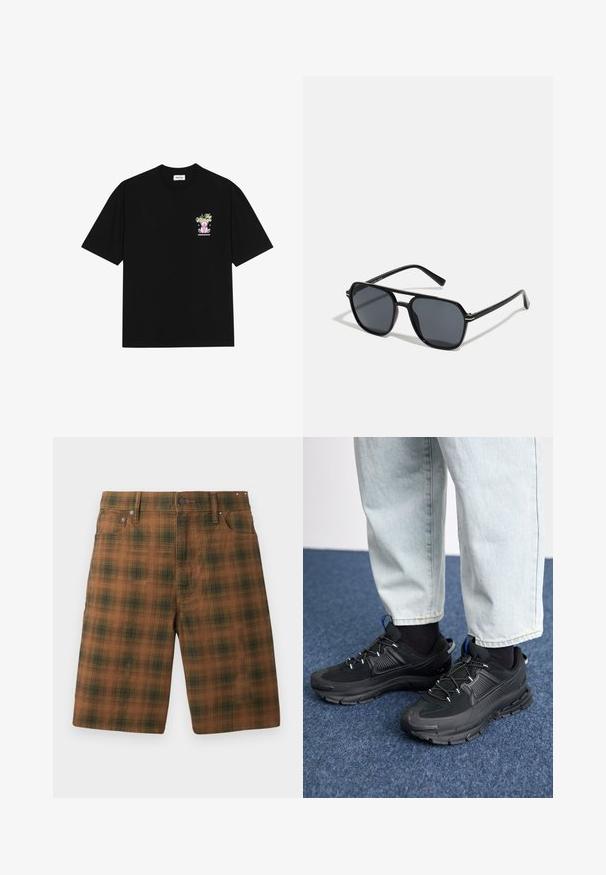 Tricou din bumbac negru, cu un grafic colorat pe pieptul stâng, reprezentând un ursuleț de pluş și un text stilizat, cu mâneci scurte și gât rotund.; Șorturi marron în carouri cu un model texturat, având o croială clasică, cinci buzunare și accesorii metalice la talie.; Pantofi sport negri, cu țesătură texturată și tălpi din cauciuc, având șireturi elastice și un accent albastru pe toc. Purtați cu pantaloni din denim deschis.; Ochelari de soare negri cu ramă octogonală, lentile întunecate, finisaj lucios, temple subțiri și accente aurii în partea din față.