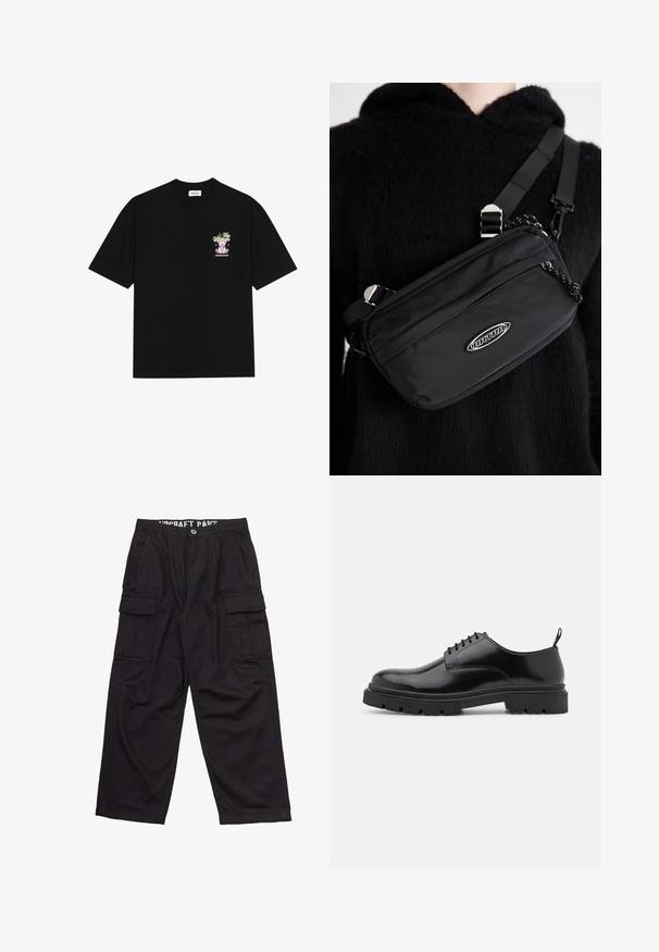 Juodo medvilnės marškinėliai su spalvinga grafika kairėje krūtinės pusėje, vaizduojančia meškutį ir stilizuotą tekstą, trumpomis rankovėmis ir apvaliu kaklu.; Juodos kargo kelnės, pagamintos iš medvilnės, su laisvu fasonu, keliais šoninėmis kišenėmis ir plokščiu juosmeniu su matomais detalėmis.; Juodos odinės šlepetės su raišteliais, su suapvalintu pirštu, lygiu paviršiumi ir griūvančiu guminiu padu. Yra nedidelis kulniukas ir kilpa gale.; Juodas nailono per petį nešiojamas krepšys su reguliuojama juosta, turintis lygią tekstūrą, priekinį užtrauktuką ir logotipo akcentą.