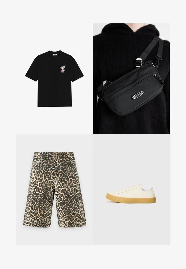 T-shirt en coton noir avec un graphique coloré sur la poitrine gauche, représentant un ours en peluche et un texte stylisé, avec des manches courtes et un col rond.; Shorts en denim imprimé léopard avec un motif marron clair, noir et beige, cinq poches et une coupe droite.; Des baskets en toile couleur écru avec un bout rond, dotées de semelles en caoutchouc beige et de cinq œillets pour les lacets, avec une finition texturée sur la tige.; Sac bandoulière noir en nylon avec une bandoulière ajustable, doté d'une texture lisse, d'une poche à fermeture éclair à l'avant et d'un accent de logo.