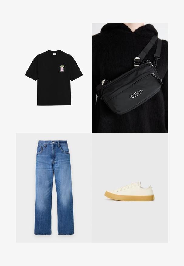 Must t-särk mustast puuvillast, millel on värviline graafika vasakul rinnal, kujutades karu ja stiliseeritud teksti, lühikeste varrukatega ja ümmarguse kaelusega.; Heledad sinine teksariie, millel on laiem jalgade disain, viis taskut, esi- ja nuppude kinnitamine ning eelnevalt paistnud fading esiküljel.; Kangasneakerid kreemjas valges, ümmarguse varbaga, beeži kummitaldaga ja viie silmaga paelte jaoks, tekstuurse viimistlusega ülaserv.; Musthave musta nailonkott rihmaga, millel on reguleeritav rihm, siledapinnaline tekstuur, eespool tõmblukuga tasku ja logo aktsent.
