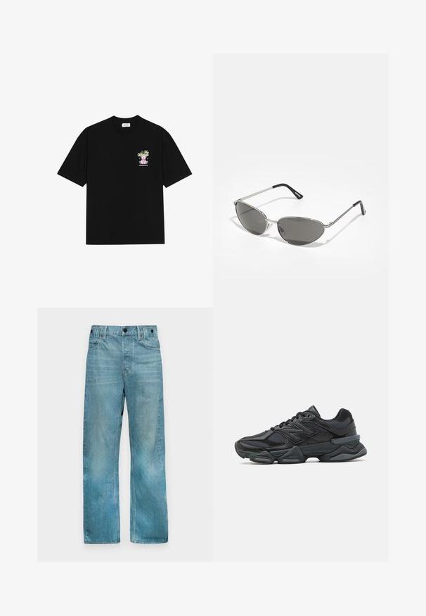 Črna bombažna majica s kratkimi rokavi in krožnim izrezom, ki ima na levi strani prsnega dela pisano grafiko, ki prikazuje medvedka in stilizirano besedilo.; Svijetloplave traperice ravnog kroja s teksturiranim finišem, pet džepova i prednjim kopčanjem na dugme.; Črne tekaške superge, ki združujejo mrežaste in sintetične materiale, imajo debel podplat, ukrivljen oblikovni slog ter izrazito blagovno znamko na strani.; Sončna očala z elegantnim srebrnim kovinskim okvirjem, sivi zasenčeni leči in aerodinamičnim oblikovanjem, ki vključuje ostri robovi in tanke ročke.