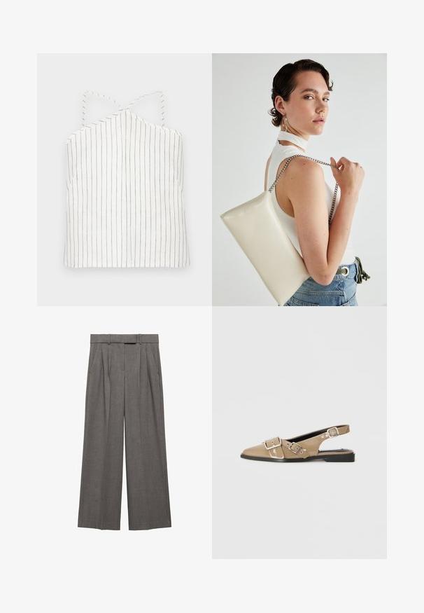White camisole top with thin black vertical stripes. Features a halter neck with crisscross straps and a straight hem. Lightweight, smooth texture.; Gray wide-leg trousers made from a textured fabric, featuring a high waist, pleats, and side pockets.; Beige patent slingback shoes with a pointed toe, two adjustable buckles, and a low black heel. Smooth texture with a glossy finish.; White rectangular clutch bag made of glossy material, featuring a silver chain strap. Model poses, showcasing the bag against a plain background.