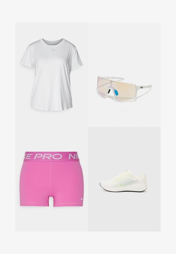 Valge lühikeste varrukatega T-särk, mis on valmistatud siledast kangast, ümarate kaelustega ning mille rinnal on väike hall Nike logo.; Roosa sportlikud lühikesed püksid laia halli Nike Pro vööga. Valmistatud sileda, veniva materjali ja lapitekkide seametega, väikese Nike logoga.; Nike Performance DOWNSHIFTER 13 - Maanteejooksu jalatsid - sail/silver-coloured photon dust/summit white/barely volt/black; Valged raamidega päikeseprillid, millel on suured gradiendiklaasid roosa kuni heleda oranži tooniga, mida rõhutab sinine ninatükk ja logo detail.