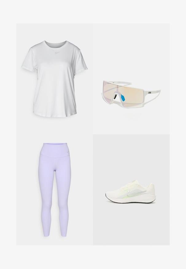 Valkoinen lyhythihainen T-paita, joka on valmistettu sileästä kankaasta. Paidoissa on pyöreä kaula-aukko ja rintaan on painettu pieni harmaa Nike-logo.; Lila korkeavyötäröiset legginsit, joissa on sileä, joustava materiaali ja Nike-logo vyötäröllä, suunniteltu mukavuutta ja liikkuvuutta varten.; Nike Performance DOWNSHIFTER 13 - Katujuoksukengät - sail/silver-coloured photon dust/summit white/barely volt/black; Valkoiset kehykset aurinkolasit, joissa on suuret, gradienttilinssit, joissa on vaaleanpunainen ja vaalea oranssi sävy. Lasien yksityiskohtia korostaa sininen nenäosa ja logo.