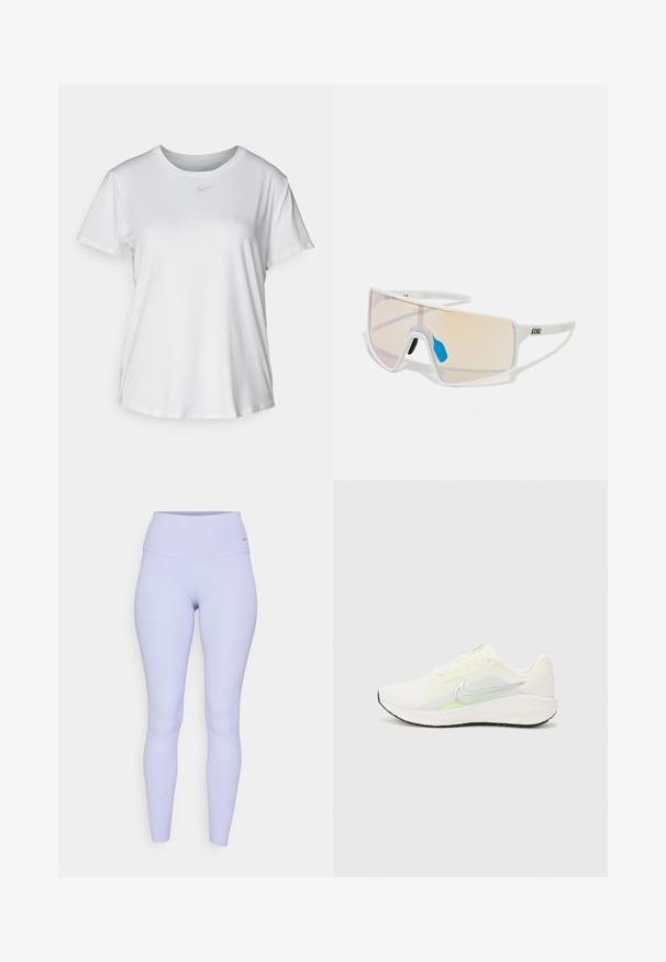 Witte T-shirt met korte mouwen van gladde stof, met een ronde halslijn en een klein grijs Nike-logo op de borst.; Lichtpaarse legging met een hoge tailleband, gemaakt van rekbare stof. Gladde textuur en geen zichtbare patronen of hardwaredetails.; Nike Performance DOWNSHIFTER 13 - Hardloopschoenen voor op de weg - sail/silver-coloured photon dust/summit white/barely volt/black; Witte, omrande zonnebril met grote, gradient glazen die een tint van roze naar lichtoranje hebben, aangevuld met een blauwe neussteun en logo-details.