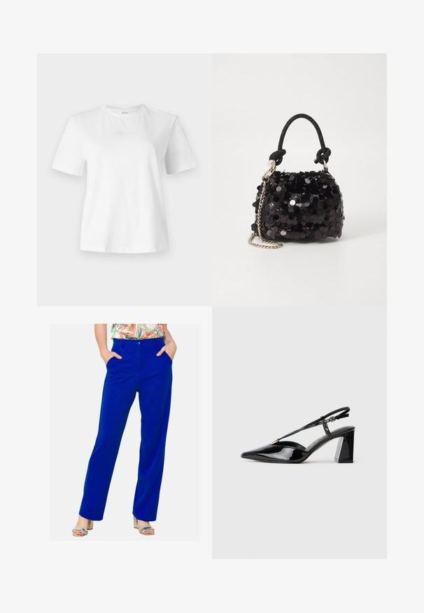 Witte katoenen T-shirt met korte mouwen, ronde hals en een subtiel reliëf Calvin Klein-logo op de voorkant. Zachte textuur, klassieke pasvorm.; Blauwe wijde broek met een soepele textuur, voorzien van twee zijzakken, een knoopsluiting en een aansluitende taille met een strakke uitstraling.; Zwarte gepatineerde lederen slingback hakschoenen met een spitse neus, verstelbare band en stevige rechthoekige hak.; Zwarte pailletten mini handtas met een geknoopte textuurriem en zilveren ketting. Rondvormig met een geplooide bovenkant en reflecterende details.