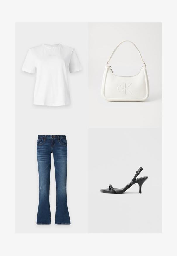 Bela bombažna majica s kratkimi rokavi, klasičnim ovratnikom in subtilnim embosiranim logotipom Calvin Klein spredaj. Gladka tekstura, klasičen kroj.; Modri jeans iz denima s rahlo razširjenimi hlačnicami, sprednjim zapiranjem na gumb, žepi in subtilnimi zbledelimi detajli na stegnih in kolenih.; Črne usnjene visoke sandale s tankim, ukrivljenim petam in obliko križanih trakov. Nastavljiv trak okoli gležnja. Gladka tekstura.; Bela usnjena torbica s ukrivljeno obliko, ki na sprednji strani nosi vžgano logo "CK" in ima eno naramnico. Zadrga za zapiranje na vrhu.