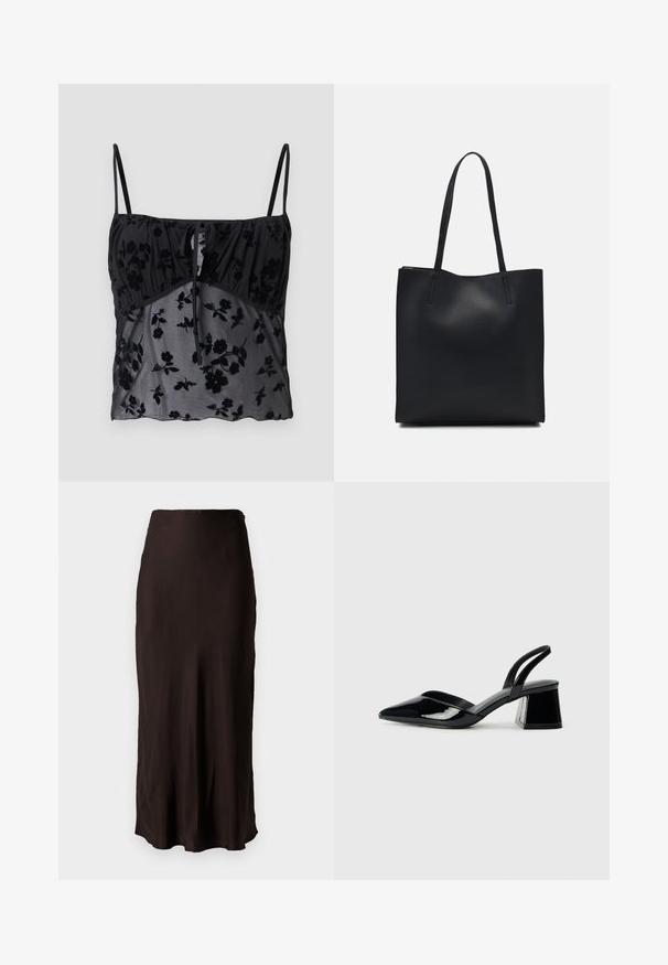 Sort cami-top med tynde stropper, prydet med et blomsterdesign. Fremstillet af gennemskinneligt stof med mørkere blomstertexturer, samlet ved busten med en bindedetalje.; Sort, mellemlang nederdel lavet af glat, letvægtsstof med en lige form og sideslids. Har en simpel talje.; Sorte patentlæder slingback hæle med spids tå og en geometrisk blok hæl. Har et elegant, minimalistisk design og en glat tekstur.; Sort læder tote taske med glat tekstur, rektangulær form og to lange hanke. Ingen synlig hardware eller udsmykninger.