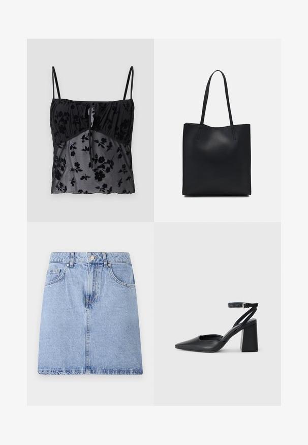 Μαύρο τοπ με λεπτές τιράντες, με φλοράλ μοτίβο. Φτιαγμένο από διαφανές ύφασμα με πιο σκούρες φλοράλ υφές, συγκεντρωμένο στο στήθος με λεπτομέρεια από κορδόνι.; Ανοιχτού μπλε τζιν φούστα με πέντε τσέπες, μπροστινό κλείσιμο με κουμπί και φερμουάρ, και ακατέργαστο τελείωμα. Λεία υφή με ελαφριά φθορά.; Μαύρο δερμάτινο ψηλοτάκουνο παπούτσι με οξύ μυτερό τόξο, λουράκι στον αστράγαλο και χοντρό τακούνι. Λείος υφασματισμός, κομψός σχεδιασμός και μινιμαλιστική αισθητική.; Μαύρη δερμάτινη τσάντα tote με λείο υφή, ορθογώνιο σχήμα και δύο μακριές λαβές. Χωρίς ορατό υλικό ή διακοσμητικά στοιχεία.