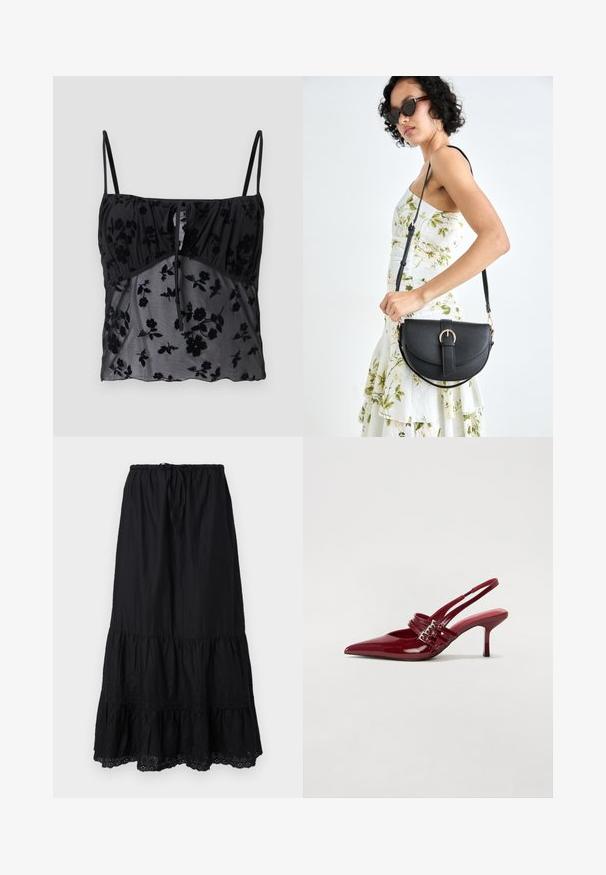 Juodas kamšalų viršus su plonomis petnešėlėmis, su gėlių raštu. Pagamintas iš permatomos medžiagos su tamsesniais gėlių raštais, surinktas ties krūtine su raiščio detalėmis.; Juodas sluoksniuotas sijonas, pagamintas iš lengvos medžiagos, su raišteliu juosmenyje, siuvinėjimu ties apatine dalimi ir laisva siluetu.; Raudoni blizgūs odiniai bateliai su atviru kulnu, smailiu nosiu, dviem užsegimais ir plonu, vidutinio aukščio stiletto kulnu. Lygus paviršius.; Juodas odinis krepšys su išlenkta forma, nuimamu dirželiu ir auksiniais detalėmis. Krepšys turi kilpą su sagtimi.