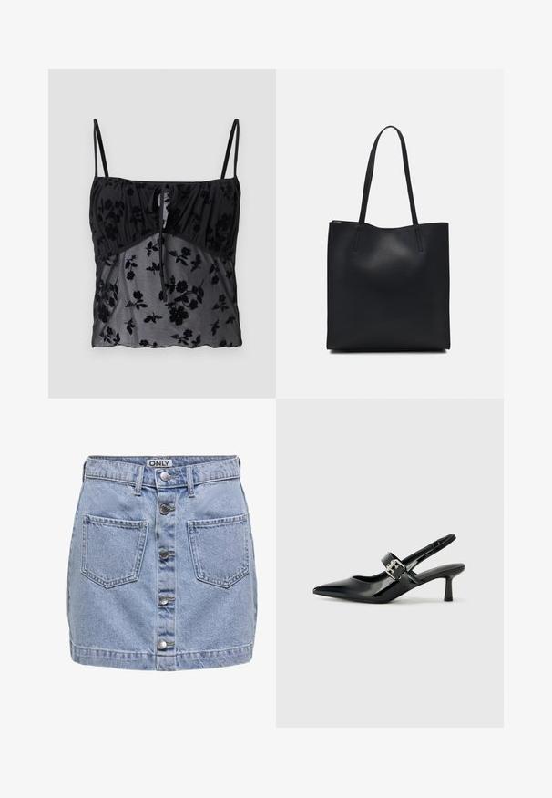 Črna kamica s tankimi naramnicami, z rožnatim vzorcem. Narejena iz prozornega blaga z temnejšimi rožnatimi teksturami, z nabranim delom pri prsih in povezavo.; Denim mini krilo v svetlo modri barvi, ki vključuje pet sprednjih gumbov, dve žepni blazini in rahlo obrabljen videz. Nalepka nosi napis "ONLY."; Črne patent usnjene slingback pete s koničastim nosom in majhnim blok peto, ki vključujejo srebrno zaponko na traku.; Črna usnjena torba s svilnato teksturo, pravokotne oblike in dvema dolgima ročajema. Brez vidnih metalnih delov ali okrasnih elementov.
