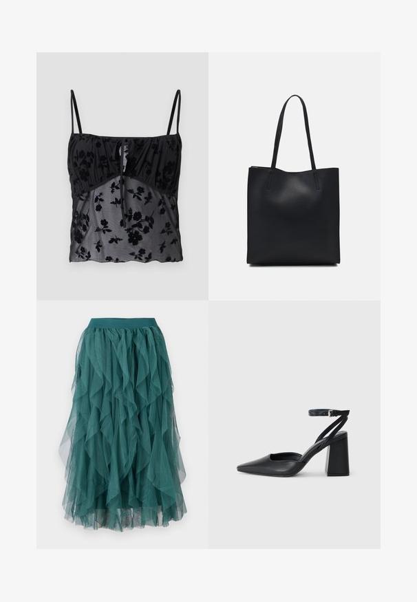 Juodas kamšalų viršus su plonomis petnešėlėmis, su gėlių raštu. Pagamintas iš permatomos medžiagos su tamsesniais gėlių raštais, surinktas ties krūtine su raiščio detalėmis.; Mėlynos tulle sijonas su sluoksniuotais volanais, turintis elastingą juosmenį ir plazdančią tekstūrą. Audinys yra lengvas ir permatomas.; Juoda odinė smailiagalė aukštakulnio bateliai su kulkšnies dirželiu ir storu kulnu. Lygus paviršius, elegantiškas dizainas ir minimalistiška estetinė. ; Juodas odinis tote krepšys su lygia tekstūra, stačiakampio formos ir dviem ilgais rankenomis. Matomų metalinių detalių ar puošybos nėra.