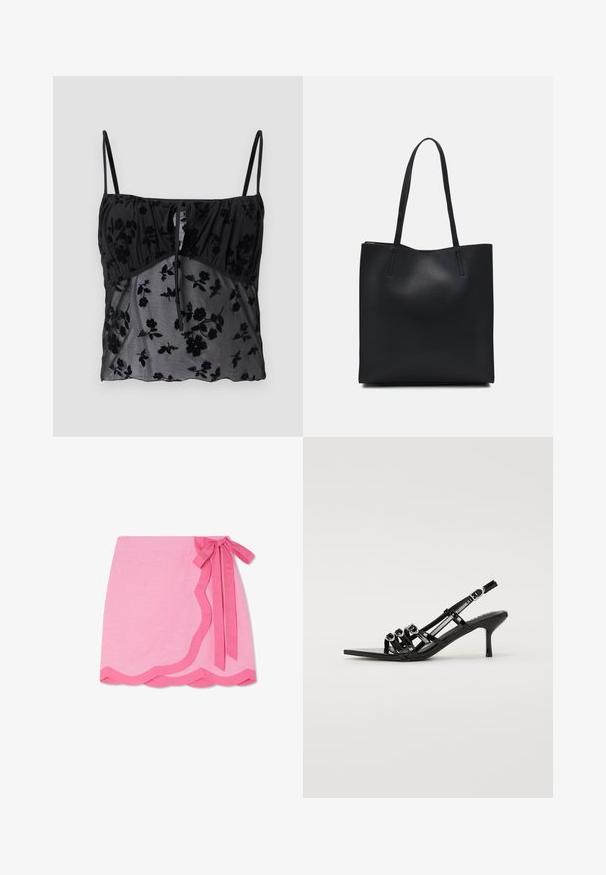 Fekete pántos top vékony pántokkal, virágmintával. Áttetsző anyagból készült, sötétebb virágmintás textúrákkal, a mellrésznél összegyűrve, kötődettel díszítve.; Rózsaszín len anyagú, hullámos szegélyű körséta szoknya, kontrasztos, sötétebb rózsaszín derékpánttal és sima textúrával.; Fekete, pántos, magas sarkú cipő, hegyes orral, amelyen több keskeny pánt és kör alakú díszítések találhatók az elején.; Fekete bőrtáska sima felszínnel, téglalap alakú, két hosszú füllel. Nincs látható fémkiegészítő vagy díszítés.
