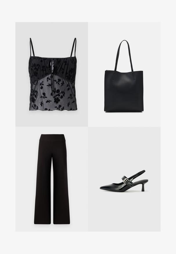 Čierne tielko s tenkými ramienkami, zdobené kvetinovým vzorom. Vyrobené z priesvitnej látky s tmavšími kvetinovými textúrami, zhromaždené v oblasti poprsia s viazačkou.; Čierne široké nohavice s hladkým pásom, vyrobené z mäkkého materiálu. Majú voľný strih a minimálne švy.; Čierne patentové kožené sandále na podpätku so špicatou špičkou a malým blokovým podpätkom, s dekoratívnou striebornou sponou na remienku.; Čierna kožená taška na rameno s hladkým povrchom, obdĺžnikovým tvarom a dvoma dlhými uchami. Bez viditeľného kovania alebo ozdôb.
