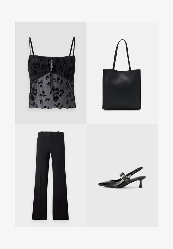 Top de tirantes finos negro, con un patrón floral. Hecho de tela transparente con texturas florales más oscuras, recogido en el busto con un detalle de lazo.; Pantalones de campana negros con una textura suave, que presentan una cintura ajustada, lazos para cinturón y un diseño limpio que se extiende hasta un dobladillo amplio.; Zapatos de tacón en charol negro con tira al tobillo, punta afilada y un pequeño tacón bloque, que cuentan con un acento de hebilla plateada en la correa.; Bolso tote de cuero negro con textura lisa, forma rectangular y dos asas largas. Sin herrajes ni adornos visibles.