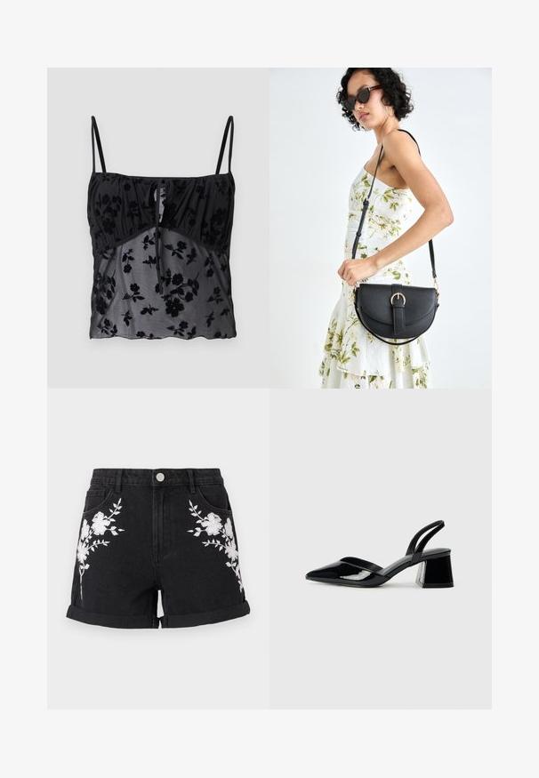 Svart cami-top med tynne stropper, med et blomsterprint. Laget av gjennomsiktig stoff med mørkere blomsterstrukturer, samlet ved brystet med en knytedetalj.; Sorte denimshorts med oppbrettede legg, med hvit blomsterbroderi på begge sider og fem lommer med sølvfarget knappelukking.; Svarte patentlær slingback hæler med spiss tå og geometrisk blokk hæl. Har et stilrent, minimalistisk design og jevn tekstur.; Svart lærveske med en buet form, avtagbar stropp og gullbeslag. Vesken har et klaff med spenne-detall.