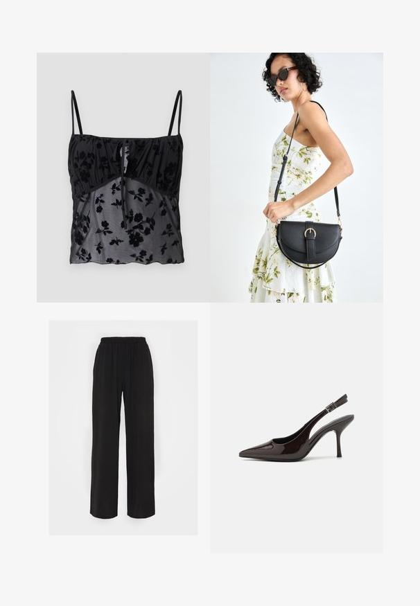 Top camiseiro preto com alças finas, apresentando um padrão floral. Feito de um tecido transparente com texturas florais mais escuras, com pregas na zona do busto e um detalhe de laço.; Calças largas pretas com uma cintura elástica, apresentando um tecido texturizado e um corte solto. Projetadas para conforto e facilidade de movimento.; Sapato de salto alto tipo slingback em verniz castanho escuro brilhante, com bico apontado, laterais abertas e tira ajustável ao tornozelo.; Bolsa de couro preta com forma curva, alça destacável e detalhes em dourado. A bolsa possui uma aba com detalhe de fivela.
