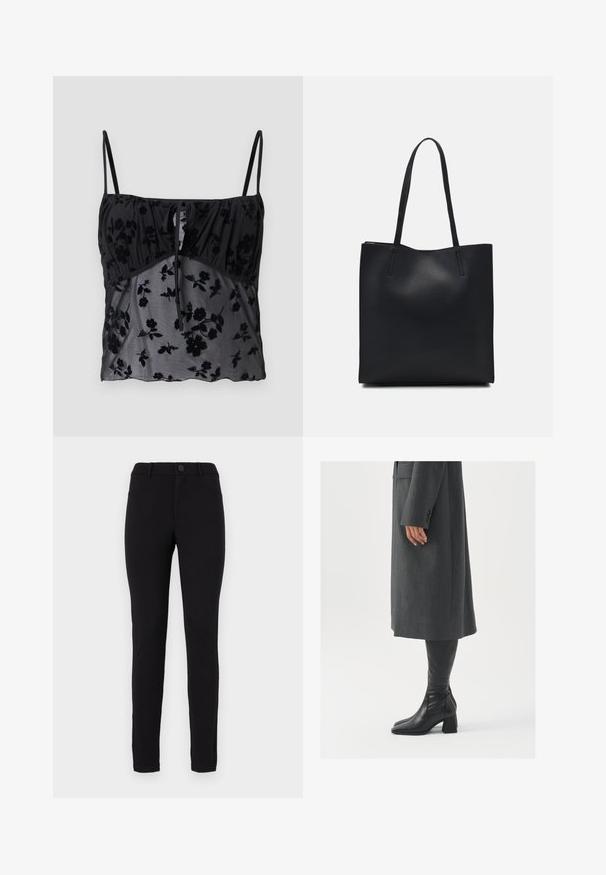 Czarna bluzka na ramiączkach z cienkimi paskami, ozdobiona kwiatowym wzorem. Wykonana z przezroczystego materiału z ciemniejszymi kwiatowymi fakturami, zebrana w okolicy biustu z wiązaniem.; Czarne legginsy o dopasowanym kroju, z zapięciem na guzik, szlufkami na pasek oraz bocznymi kieszeniami. Gładka tekstura w jednolitym kolorze.; Szary, dopasowany płaszcz o prostym kroju; zestawiony z czarnymi skórzanymi kozakami do kolan z kwadratowym noskiem i grubym obcasem.; Czarna skórzana torba tote o gładkiej fakturze, prostokątnym kształcie i dwóch długich uchwytach. Brak widocznych elementów metalowych i ozdób.