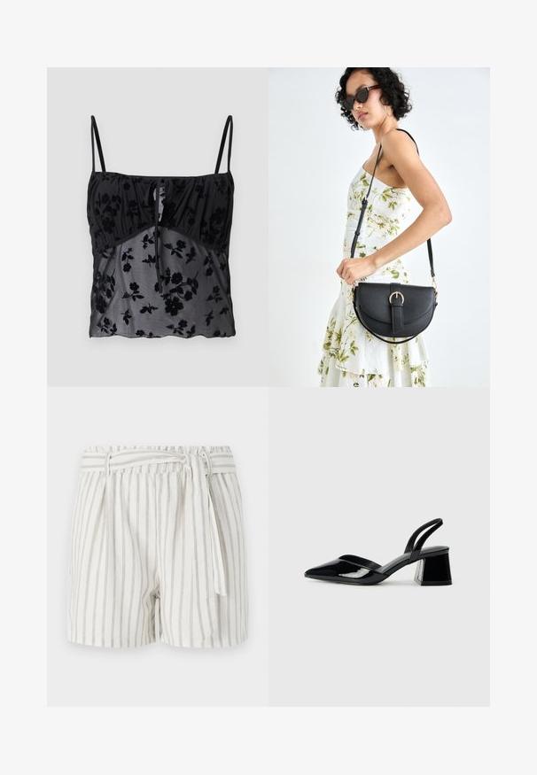 Black cami top with thin straps, featuring a floral pattern. Made of sheer fabric with darker floral textures, gathered at the bust with a tie detail.; White striped shorts with grey stripes, elastic waistband, and a tied front detail. Lightweight fabric with a relaxed fit.; Black patent leather slingback heels with a pointed toe and a geometric block heel. Features a sleek, minimal design and smooth texture.; Black leather handbag with a curved shape, detachable strap, and gold hardware. The bag features a flap with a buckle detail.