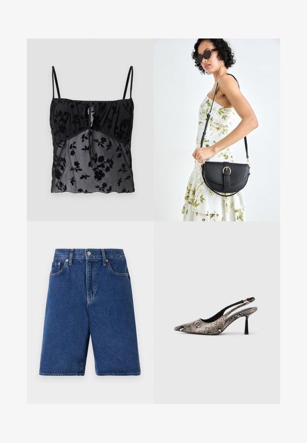 Zwarte cami-top met dunne bandjes, voorzien van een bloemenpatroon. Gemaakt van doorzichtig materiaal met donkere bloemtexturen, gathered bij de buste met een strikdetail.; Donkerblauwe denim shorts met een klassieke pasvorm, vijf-pocket ontwerp en oranje stiksel. Afgewerkt met een knoop en rits aan de voorkant.; Puntige slingback schoenen van textuur leer met slangenprint, met een slanke zwarte hak en een uitgesneden ontwerp aan de zijkanten.; Zwarte leren handtas met een gebogen vorm, afneembare schouderband en gouden hardware. De tas heeft een klep met een gespsluiting.