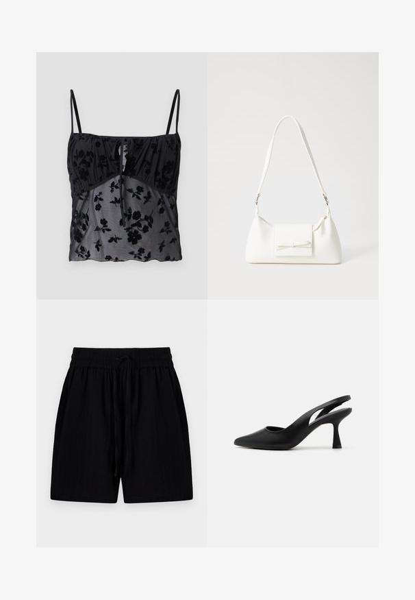 Fekete pántos top vékony pántokkal, virágmintával. Áttetsző anyagból készült, sötétebb virágmintás textúrákkal, a mellrésznél összegyűrve, kötődettel díszítve.; Fekete rövidnadrág könnyű anyagból, húzózsinórral ellátott derékkal, oldalsó zsebekkel és texturált felszínt kínál.; Fekete pántos magassarkúk hegyes orral, sima bőrből készült. Kivágott dizájn és erős, kúp alakú sarkú jellemzi.; Fehér szintetikus kézitáska, háromszög alakú, lapos előlap, masni részlettel, állítható pánttal, sima textúrával és minimalista dizájnnal.