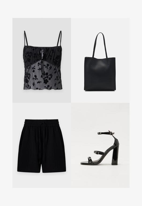 Črna kamica s tankimi naramnicami, z rožnatim vzorcem. Narejena iz prozornega blaga z temnejšimi rožnatimi teksturami, z nabranim delom pri prsih in povezavo.; Črne kratke hlače iz lahkega materiala z elastičnim pasom in vrvico, ki vključujejo stranske žepe ter teksturirano površino.; Črne lakirane sandale s peto, kvadratnim prstom, trakovi okrog gležnja in srebrnimi zaponkami. Opremljene so s stabilno Debelo peto.; Črna usnjena torba s svilnato teksturo, pravokotne oblike in dvema dolgima ročajema. Brez vidnih metalnih delov ali okrasnih elementov.