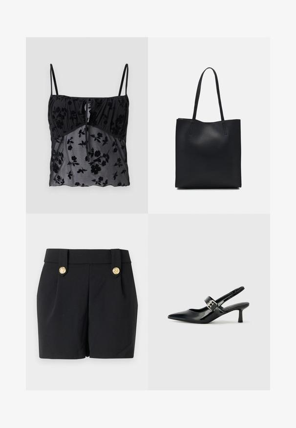Černý top na ramínka s tenkými straps, zdobený květinovým vzorem. Vyrobený z průsvitné látky s tmavšími květinovými texturami, stažený pod prsy s detailem zavázání.; Černé šortky s upraveným designem, vyznačující se zlatými ozdobnými knoflíky a hladkou texturou. Bez kapes a viditelných švů.; Černé lakované boty na podpatku typu slingback s špičatou špičkou a malým blokovým podpatkem, které mají na pásku stříbrný přezkový akcent.; Černá kožená taška přes rameno s hladkým povrchem, obdélníkovým tvarem a dvěma dlouhými uchy. Žádné viditelné kování ani ozdoby.