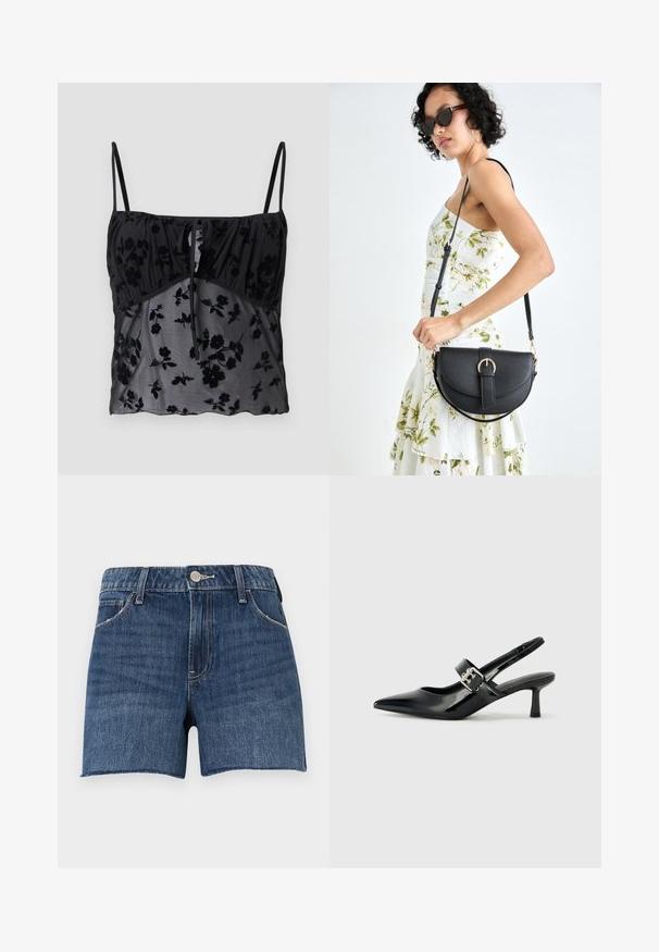 Juodas kamšalų viršus su plonomis petnešėlėmis, su gėlių raštu. Pagamintas iš permatomos medžiagos su tamsesniais gėlių raštais, surinktas ties krūtine su raiščio detalėmis.; Tamsiai mėlyni džinsiniai šortai su neapdirbtu kraštu. Yra penkių kišenių dizainas ir metalinis mygtuko užsegimas priekyje. Siuvinėtos detalės visame gaminyje.; Juodai lakuoti slingback aukštakulniai su smailiu kojų pirštu ir mažais blokiniais kulniukais, su sidabro sagtimi ant dirželio.; Juodas odinis krepšys su išlenkta forma, nuimamu dirželiu ir auksiniais detalėmis. Krepšys turi kilpą su sagtimi.