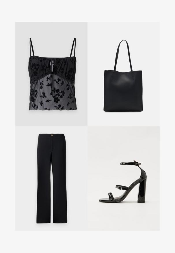 Svart cami-top med tynne stropper, med et blomsterprint. Laget av gjennomsiktig stoff med mørkere blomsterstrukturer, samlet ved brystet med en knytedetalj.; Svart bukser med rett ben design, med gull knapp lukking og en glatt, teksturert stoff. Ingen synlige lommer eller mønstre.; Svart høyglans sandaler med hæl, firkantet tå, ankelremmer og sølvspenner. Har en kraftig blokkhæl for stabilitet.; Svart lær tote bag med glatt tekstur, rektangulær form og to lange håndtak. Ingen synlige deler eller dekorasjoner.