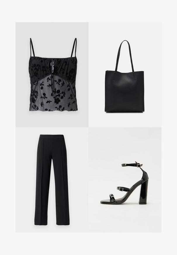 Top camiseiro preto com alças finas, apresentando um padrão floral. Feito de um tecido transparente com texturas florais mais escuras, com pregas na zona do busto e um detalhe de laço.; Calças pretas ajustadas com um design de perna larga, feitas de um tecido liso e elástico; apresentam pregas na frente e uma cintura elástica.; Sandálias de tacão preto laqueadas com bico quadrado, tiras para o tornozelo e fivelas prateadas. Apresentam um salto bloco chunky para estabilidade.; Bolsa tote preta em couro com textura lisa, forma retangular e duas alças longas. Sem hardware ou enfeites visíveis.