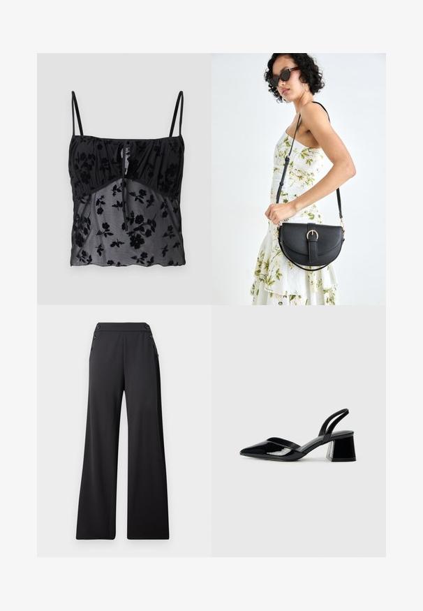 Fekete pántos top vékony pántokkal, virágmintával. Áttetsző anyagból készült, sötétebb virágmintás textúrákkal, a mellrésznél összegyűrve, kötődettel díszítve.; Fekete, széles lábú nadrág magas derékkal és díszítő gombokkal az oldalán, sima háttér előtt laposan elhelyezve.; Fekete lakk bőr szandálkés magas sarkú cipő, hegyes orral és geometrikus tömbsarkakkal. Karcsú, minimalista dizájn és sima textúra jellemzi.; Fekete bőrtáska ívelt formával, levehető pánttal és arany színű fémrészekkel. A táskán egy csattal díszített fedél található.