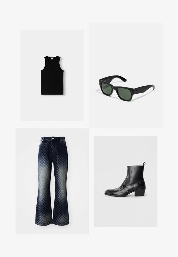 Top negru fără mâneci, cu decolteu rotund și bretele late. Fabricat dintr-un material moale, având o textură netedă și un design simplu.; Jeans din denim cu talie evazată, cu un model carourile de la închis la deschis, având fermoar, design clasic cu cinci buzunare și accesorii din metal argintiu.; Bocanci negri din piele până la gleznă, cu vârf pătrat, cusături decorative și toc mic de tip bloc. Au un tab de tragere pentru o îmbrăcare ușoară.; Ochelari de soare rectangulari negri cu lentile verzi, finisaj mat, accente hardware subtile și logo embosat pe bradă.