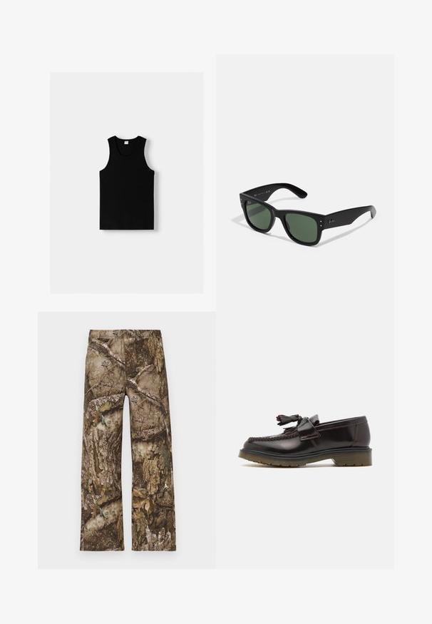 Čierny top bez rukávov s okrúhlym výstrihom a širokými ramienkami. Vyrobený z mäkkej tkaniny, s hladkou textúrou a jednoduchým dizajnom.; Nohavice s army motívom v hnedej farbe, so širokými nohavicami a elastickým pásom. Materiál pripomína textúrovanú kôru stromu s akcentami listov.; Hnedé kožené mokasíny s tkaným vzorom, detailom s třásňami a plochou gumovou podrážkou. Majú hladký povrch a kontrastné švy.; Čierne obdĺžnikové slnečné okuliare so zelenými šošovkami, matný povrch, subtilné detaily a embosovaný logo na stranici.; Olive zelená taška cez rameno s dvoma uchami a nastaviteľným popruhom na rameno. Obsahuje hlavnú zipsovú priehradku a prednú zipsovú vrecko.