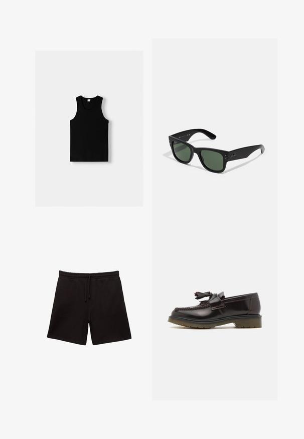Črn majica na bretele z okroglim izrezom in širokimi naramnicami. Narejena je iz mehkega materiala, z gladko teksturo in preprostim dizajnom.; Črne bombažne kratke hlače z elastičnim pasom in vrvico, ki imajo dve sprednji žep in mehak, gladek material.; Rjavi usnjeni loaferji z pletenim vzorcem, detajlom v obliki rese in ravnim gumijastim podplatom. Imajo gladko površino in kontrastni šiv.; Črne pravokotne sončna očala z zelenimi lečami, mat površino, subtilnimi kovinskimi detajli in embosiranim logotipom na drsniku.; Olive zelena torba z dvema ro handles in nastavljivim ramenskim trakom. Ima glavni žep na zadrgo in sprednji žep na zadrgo.