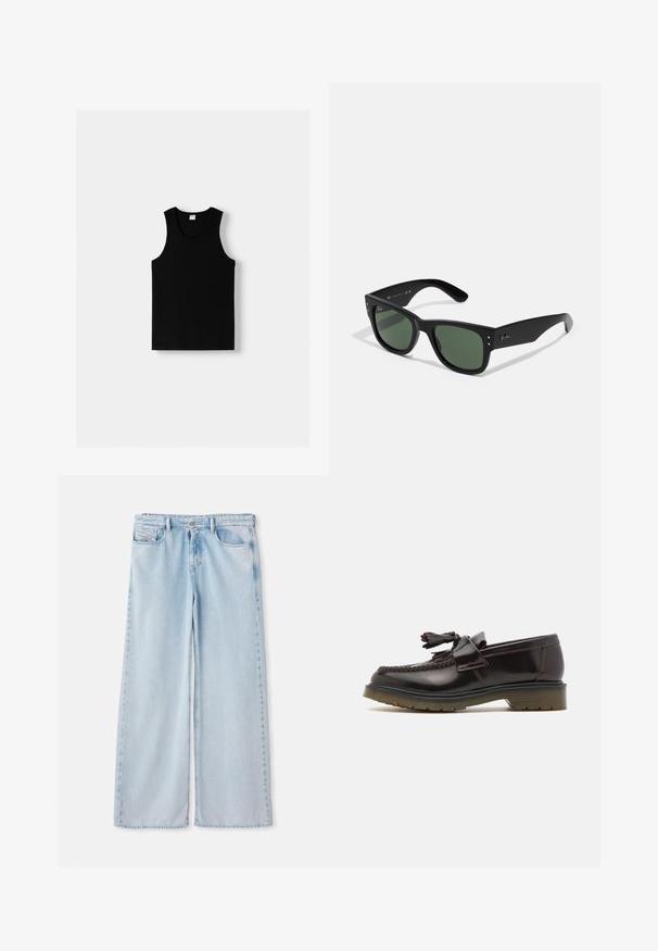 Crna majica bez rukava s zaobljenim izrezom i širokim naramenicama. Izrađena od mekog materijala, s glatkom teksturom i jednostavnim dizajnom.; Svijetloplave hlače širokih nogavica s klasičnim dizajnom pet džepova, koje imaju standardni pojas i neuredan rub. Mekani denim s blagim izbljeđivanjem.; Smeđe kožne mokasine s tkanim dizajnom, detaljem od resica i ravnim gumiranim potplatom. Imaju glatku završnu obradu i kontrastno šivanje.; Crne pravokutne sunčane naočale sa zelenim staklima, mat završetkom, suptilnim metalnim detaljima i utisnutim logotipom na dršku.