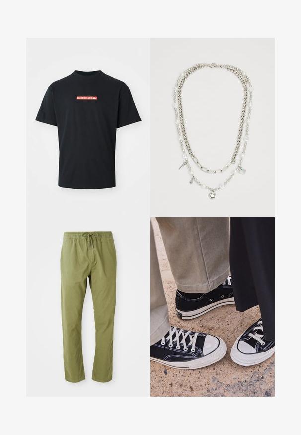 T-shirt preto de manga curta com um pequeno logo da Quiksilver em vermelho e branco centrado no peito, exibida contra um fundo branco simples.; Calças verde oliva de corte relaxado com cintura elástica e cordão. Feitas de um tecido macio com uma textura suave e pernas retas.; Sapatilhas pretas de lona com biqueiras e atacadores de borracha brancos. O contraste nas costuras e os ilhós de metal acrescentam detalhe. Usadas com calças bege e tecido preto.; Colar em várias camadas com correntes de prata e pérolas, adornado com charmes, incluindo chaves e um pendente quadrado. Textura suave com acabamento brilhante.