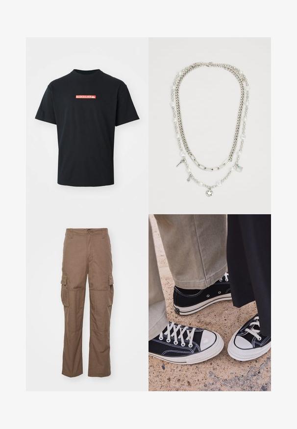 Čierne tričko s krátkym rukávom so malým červeným a bielym logom Quiksilver umiestneným na strednej časti hrudníka, zobrazené na hladkom bielom pozadí.; Hnedé cargo nohavice vyrobené z textúrovanej látky, ktoré majú dve bočné vrecká, zapínanie na gombík a rovný strih nohavíc.; Čierne plátené tenisky s bielymi gumenými špičkami a šnúrkami. Kontrastné švy a kovové očká pridávajú detail. Nosené s béžovými nohavicami a čiernou látkou.; Viacvrstvový náhrdelník so striebornými reťazami a perlovými korálkami, ozdobený príveskami, vrátane kľúčov a štvorcového pendantu. Hladký povrch s lesklým finišom.