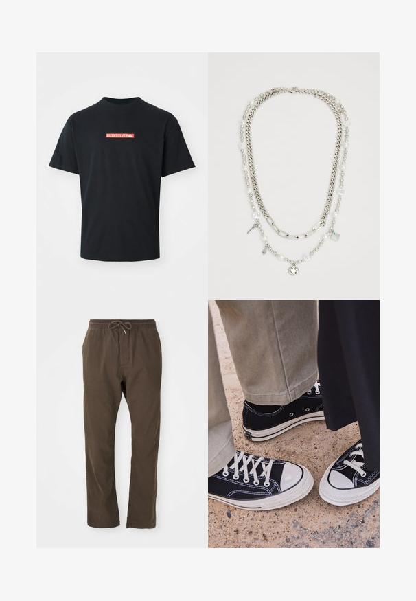 Fekete rövid ujjú póló, középen egy kicsi piros és fehér Quiksilver logóval, sima fehér háttér előtt.; Barna laza nadrág, elasztikus derékrésszel és zsinórral, egyenes szabású, alkalmas hétköznapi viseletre.; Fekete vászon sportcipők fehér gumi orral és fűzőkkel. A kontrasztos varrás és fém fűzőlyukak részletet adnak. Bézs nadrággal és fekete anyaggal hordva.; Többrétegű nyaklánc ezüst láncokkal és gyöngyökkel, kulcsokkal és egy négyzet alakú medállal díszítve. Sima textúrájú, fényes felületű.