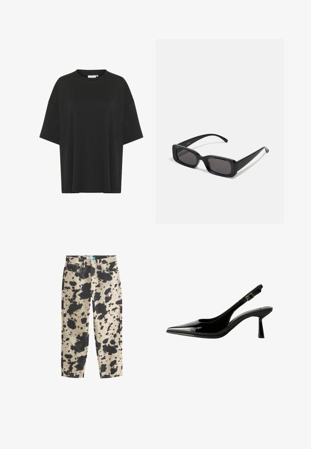 Černé oversized tričko vyrobené z hladké tkaniny, s kulatým výstřihem, krátkými rukávy a rovnými okraji bez ozdob.; Beige bavlněné džíny s černým skvrnitým vzorem, s rovnými nohavicemi, pěti kapsami a kovovými detaily. Čisté okraje na manžetách.; Černé lakované kožené lodičky na podpatku s špičatou špičkou, výřezy na stranách, nastavitelným páskem kolem kotníku a tenkým, elegantním podpatkem.; Černé obdélníkové sluneční brýle s tmavými skly, lesklým povrchem, širokými ramínky a robustním designem rámu. Vytlačený název značky na jednom ramínku.