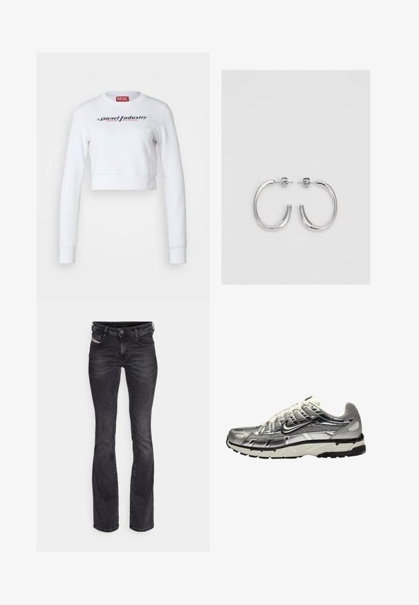 Sudadera corta blanca de algodón, con mangas largas y cuello redondo. Texto impreso en azul marino y rosa: "Diesel Industry Denim Division."; Pantalones vaqueros de mezclilla negra acampanados con cremallera y cierre de botón. Presenta dos bolsillos frontales y una sutil textura desgastada con acentos de costura.; Zapatilla deportiva en plata y negro con una parte superior de malla y sintético, diseño voluminoso y acabado texturizado. Presenta un cuello acolchado y suela de goma.; Aros de plata en forma de aro con un acabado liso y brillante. Diseño redondeado y ligero, con cierre de tipo post-back.