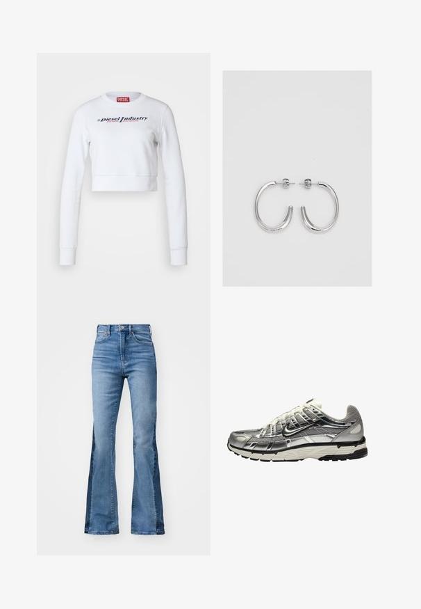 Sudadera corta blanca de algodón, con mangas largas y cuello redondo. Texto impreso en azul marino y rosa: "Diesel Industry Denim Division."; Gap Tall 70S - Vaqueros a campana - medium indigo; Zapatilla deportiva en plata y negro con una parte superior de malla y sintético, diseño voluminoso y acabado texturizado. Presenta un cuello acolchado y suela de goma.; Aros de plata en forma de aro con un acabado liso y brillante. Diseño redondeado y ligero, con cierre de tipo post-back.